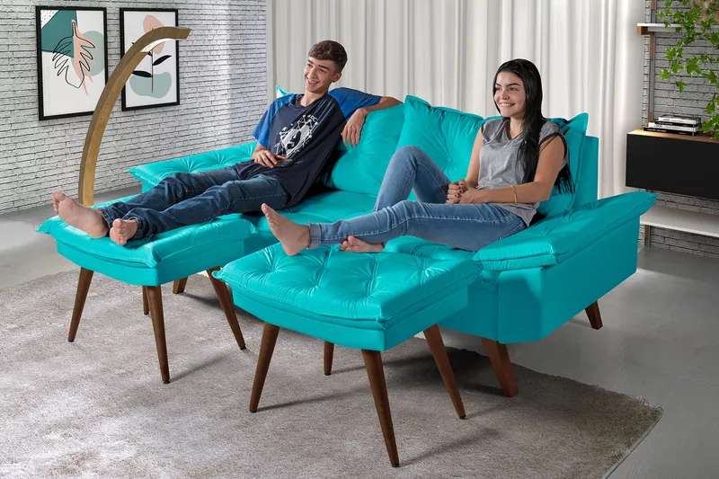 Sofá 3 Lugares Courino Tipo A (Corano) Azul Turque... - Essencial Estofados - Loja da Fábrica