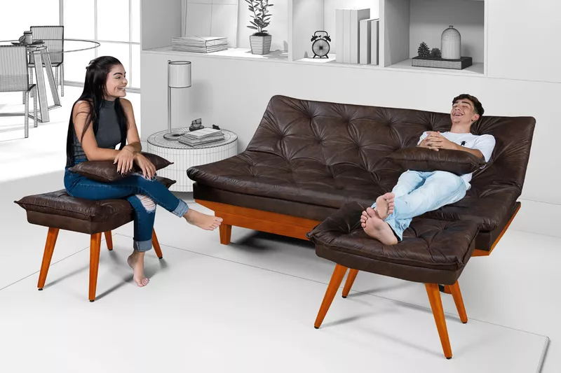 Sofá Cama de Courino Marrom Caribe Reclinável Com ... - Essencial Estofados - Loja da Fábrica